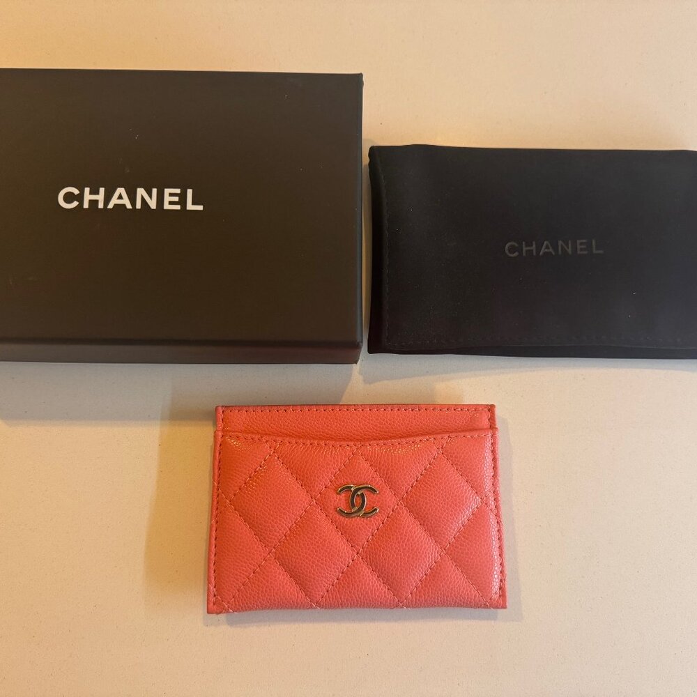 Authentic Chanel Caviar Card Holder Coral Pink